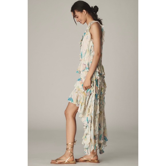 Maeve Anthropologie Watercolor Floral Ruffle Hi-Low Dress Sz XS Fairy Romantic - Picture 11 of 14